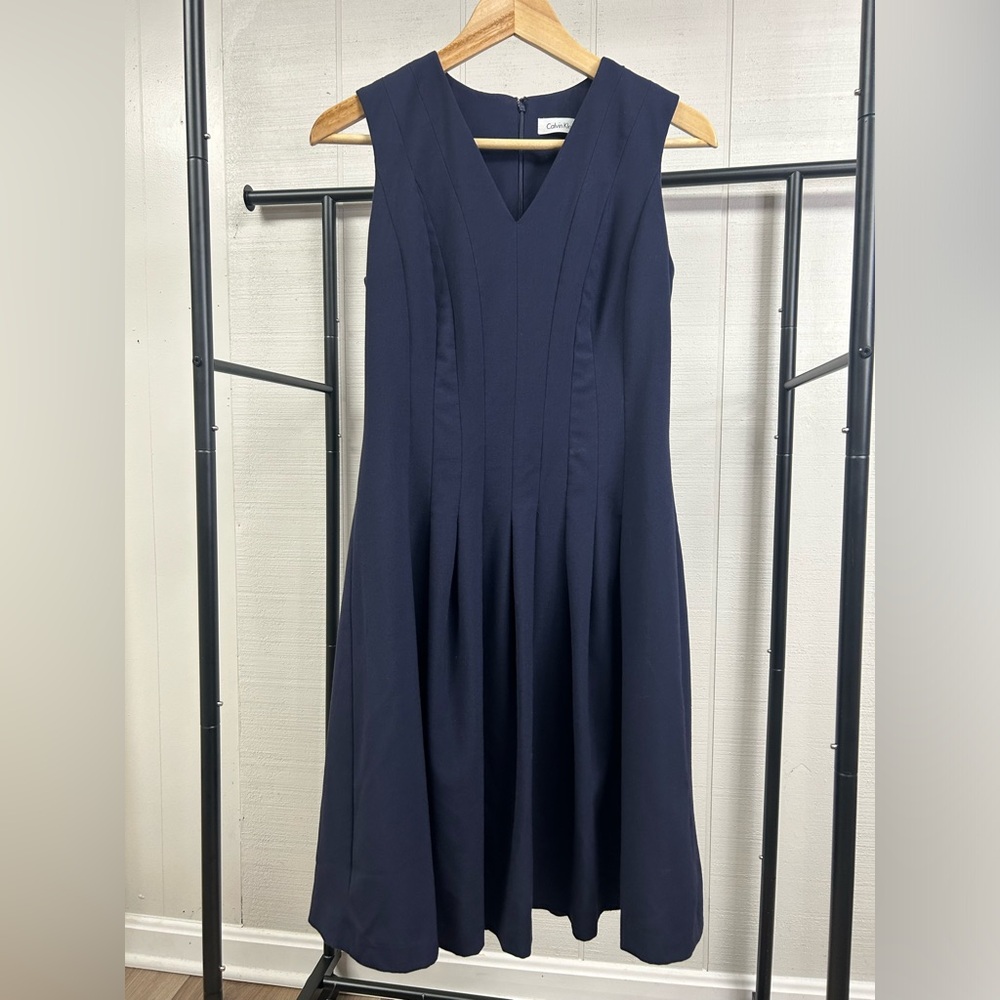 Calvin Klein Navy V-Neck Pleated Business Dress